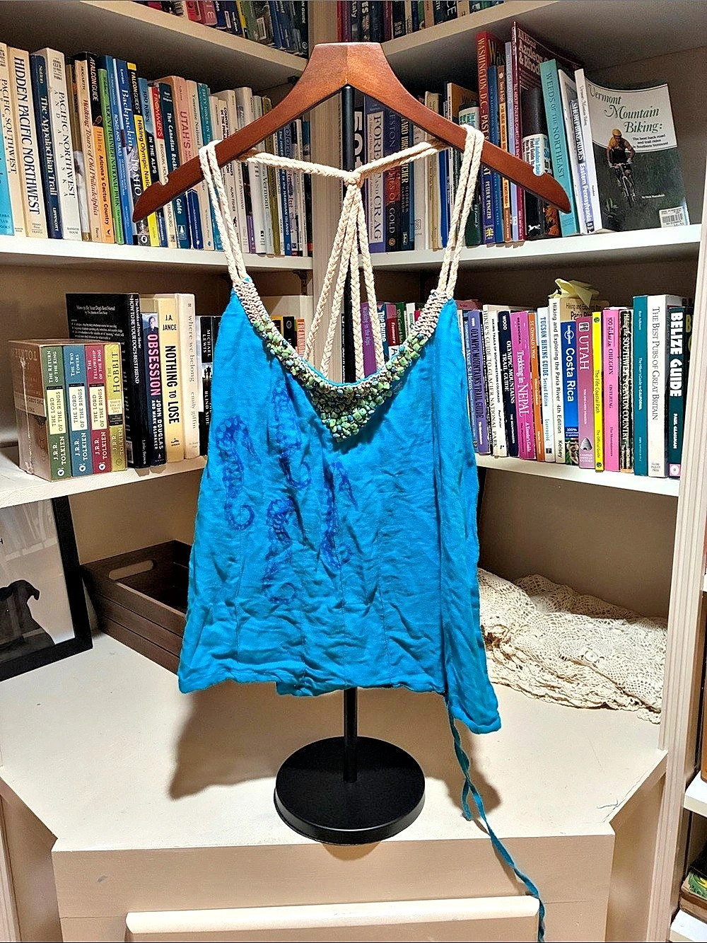 Free People Blue Seahorse Beaded Halter Tank Top Size Small